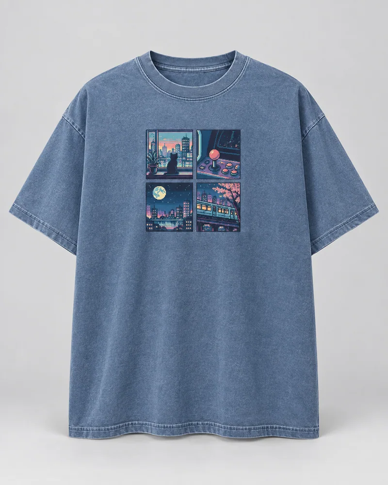 Proposta da camiseta Cidade pixel, azul lavado