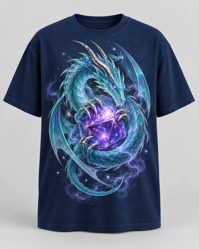 Proposta da camiseta Dragão de cristal, azul-marinho