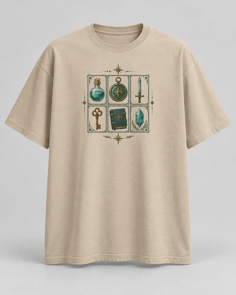 Proposta da camiseta Inventário de aventuras, areia