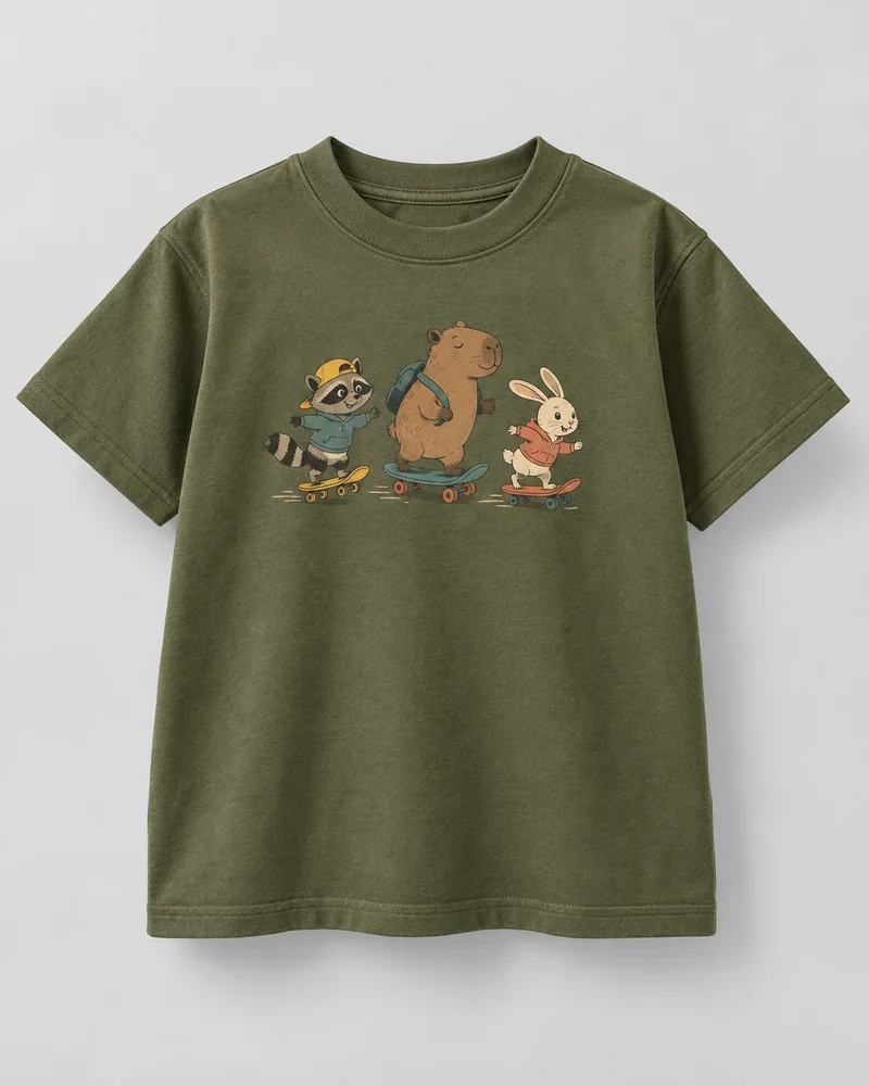 Proposta da camiseta Bichos sobre rodas, verde oliva