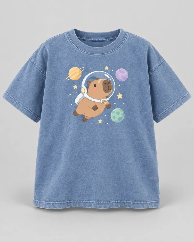 Proposta da camiseta Capivara astronauta, azul lavado