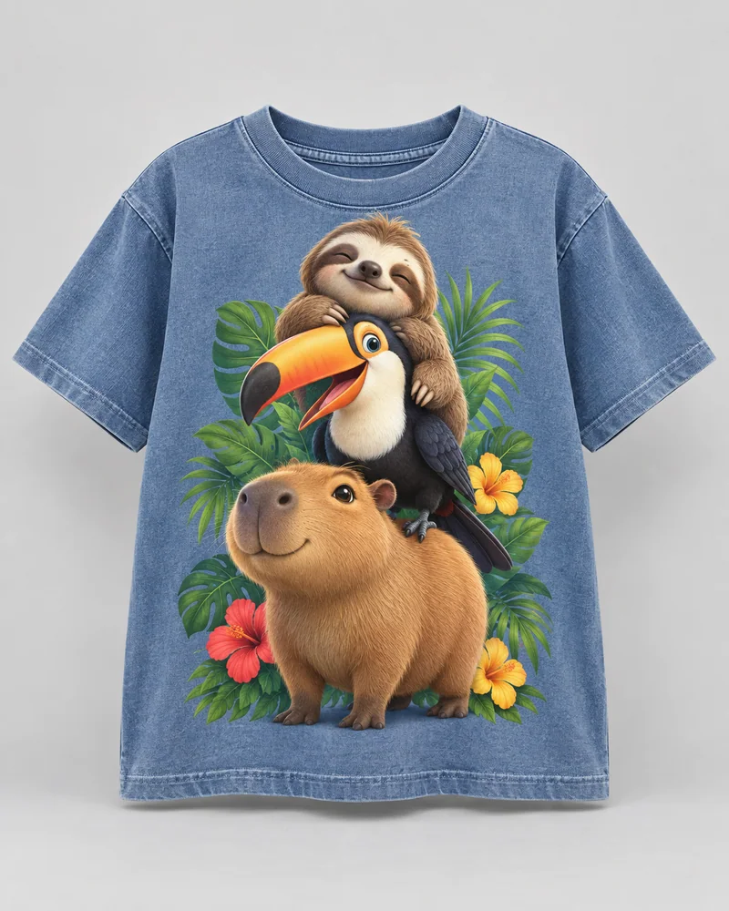 Proposta da camiseta Festa dos bichos, azul lavado