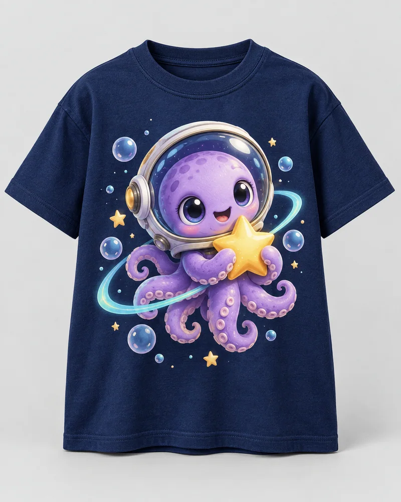 Proposta da camiseta Polvo das estrelas, azul-marinho