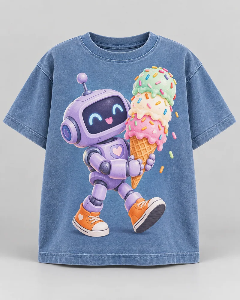 Proposta da camiseta Robô sorvete, azul lavado