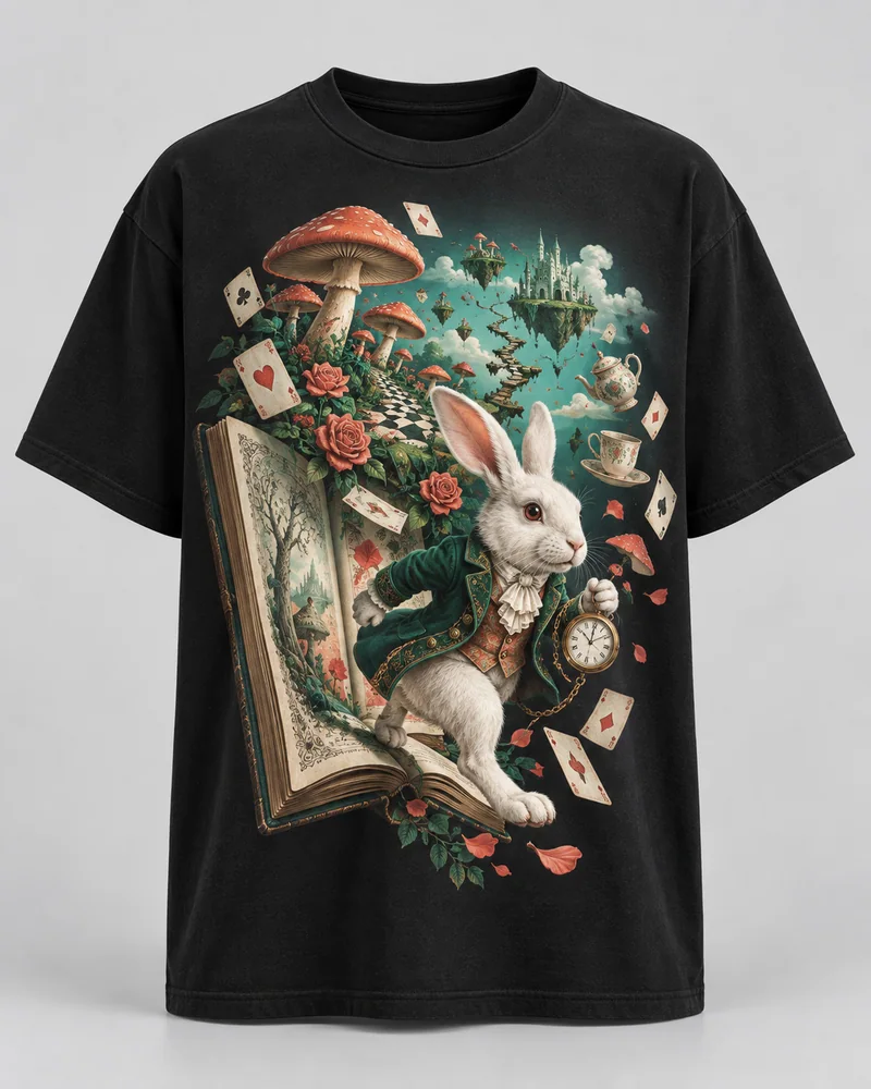 Proposta da camiseta Alice — Além da página, preto
