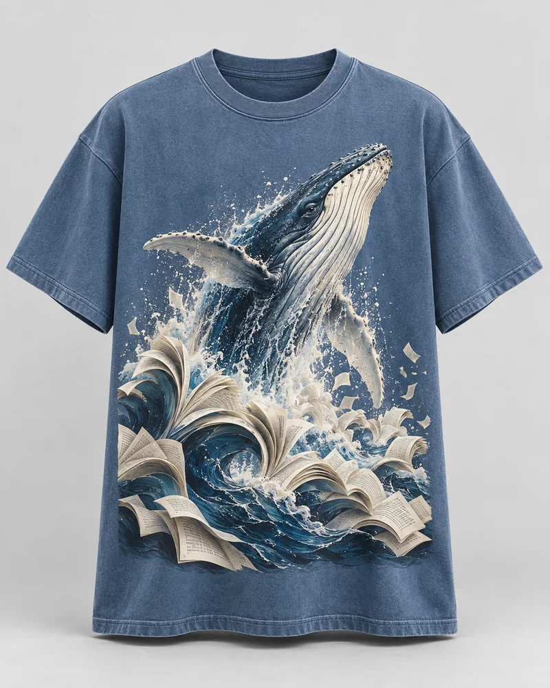 Proposta da camiseta Moby Dick — Mar de papel, azul lavado