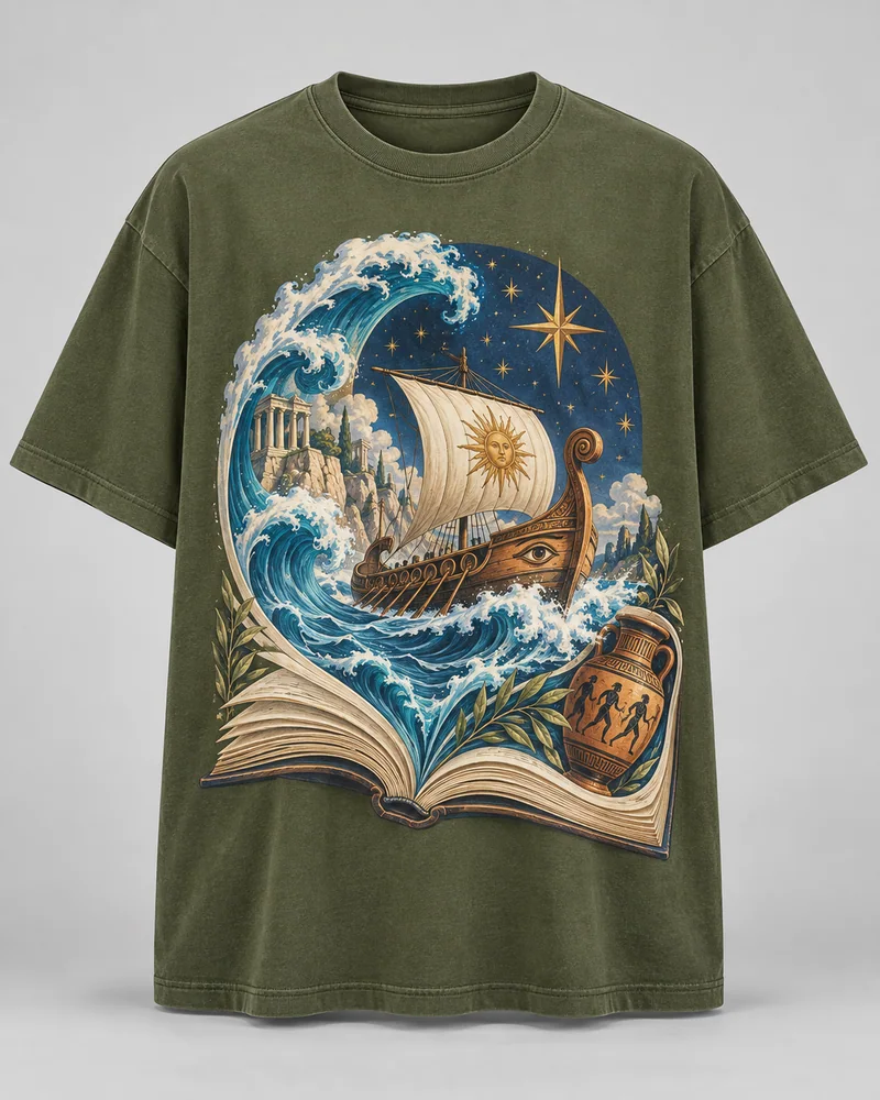 Proposta da camiseta Odisseia — Mar sem fim, verde oliva