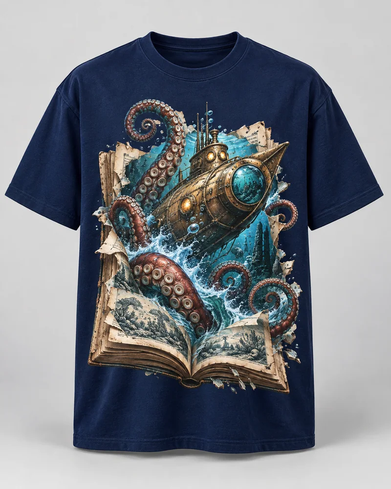 Proposta da camiseta Vinte mil léguas — Profundezas, azul-marinho