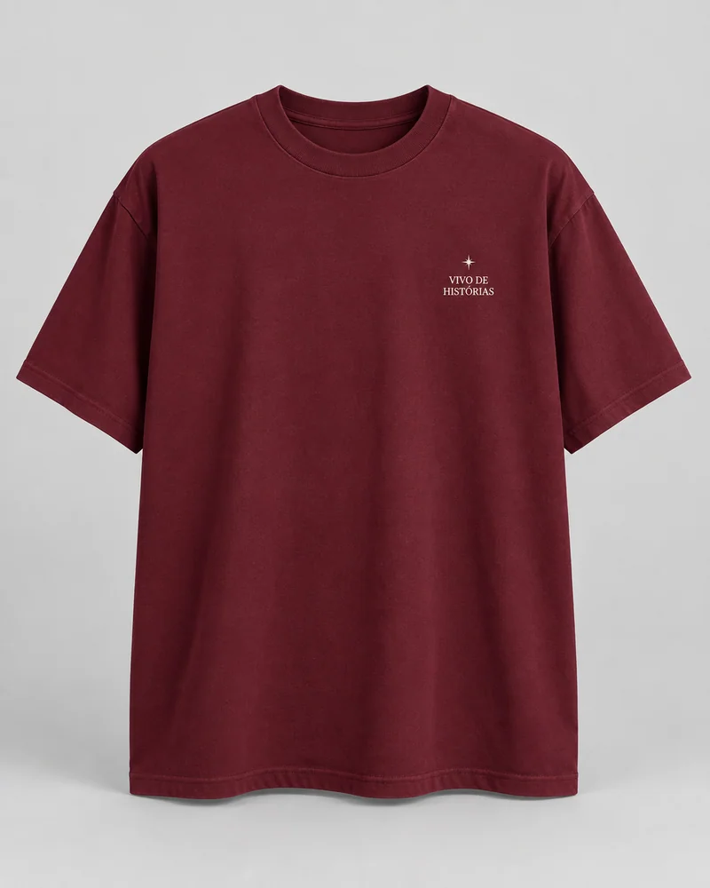 Proposta da camiseta Vivo de histórias, vinho
