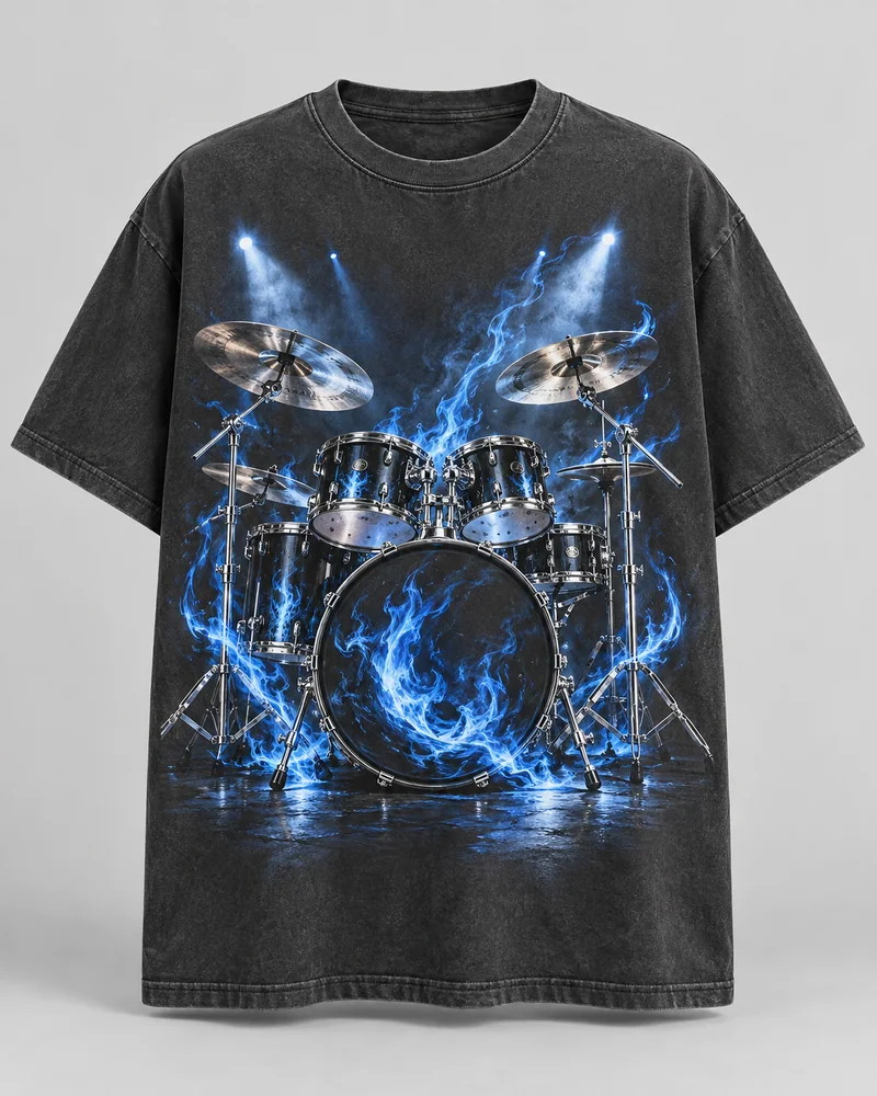 Proposta da camiseta Bateria em chamas, cinza lavado