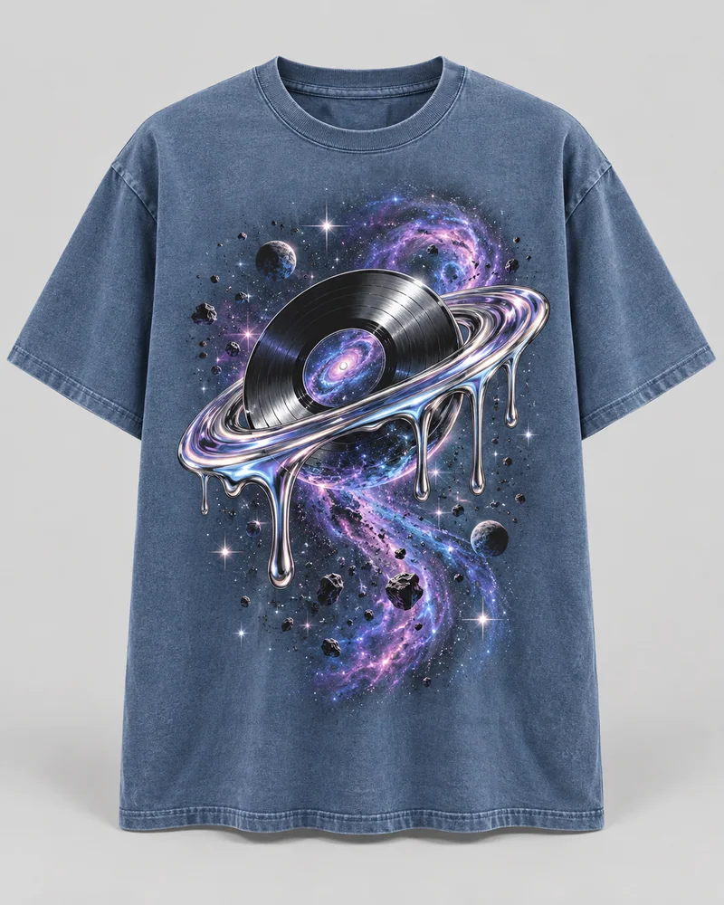 Proposta da camiseta Disco cósmico, azul lavado