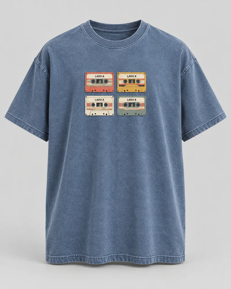 Proposta da camiseta Fitas que ficam, azul lavado