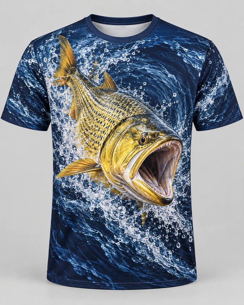 Proposta da camiseta Dourado — Explosão do rio, azul-marinho