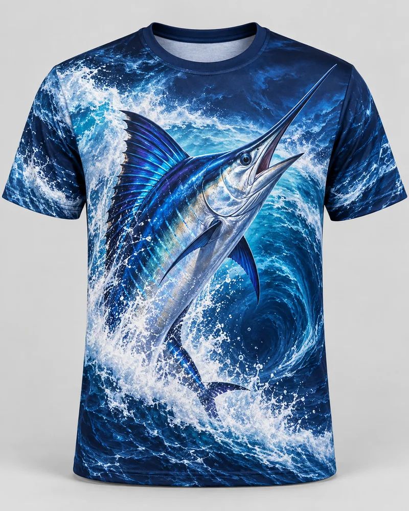 Proposta da camiseta Marlim — Oceano aberto, azul-marinho