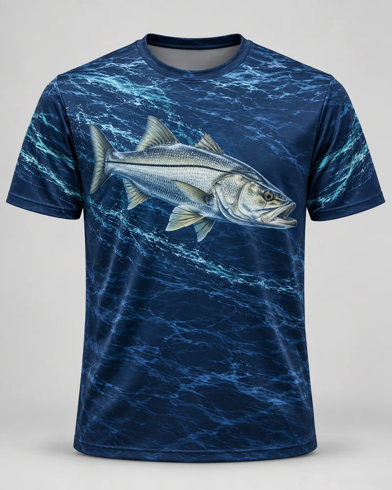 Proposta da camiseta Robalo — Prata viva, azul-marinho