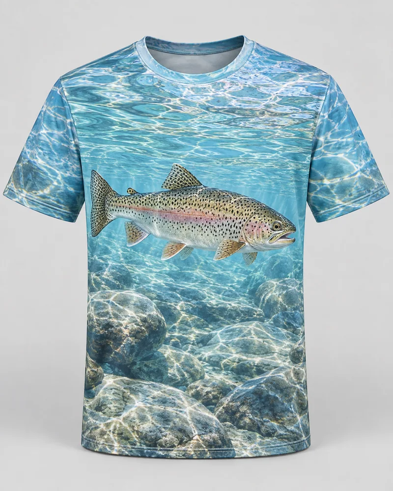 Proposta da camiseta Truta — Água de montanha, azul lavado