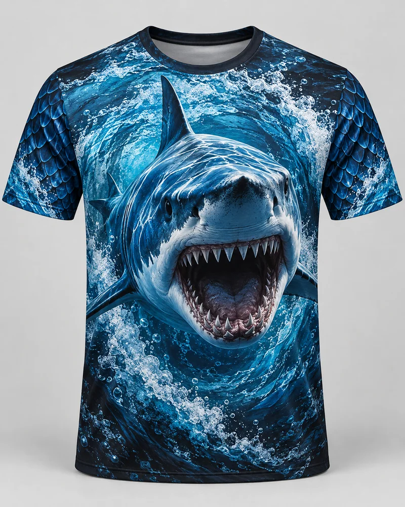 Proposta da camiseta Tubarão — Azul profundo, preto