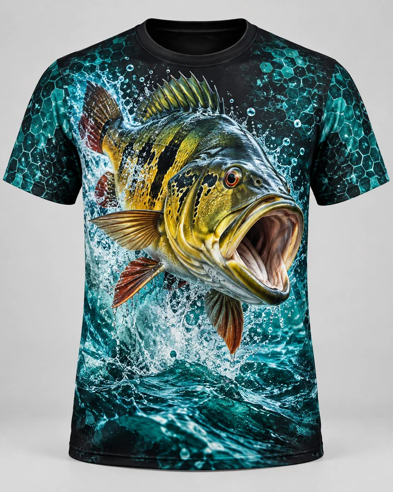 Proposta da camiseta Tucunaré — Salto em 3D, preto